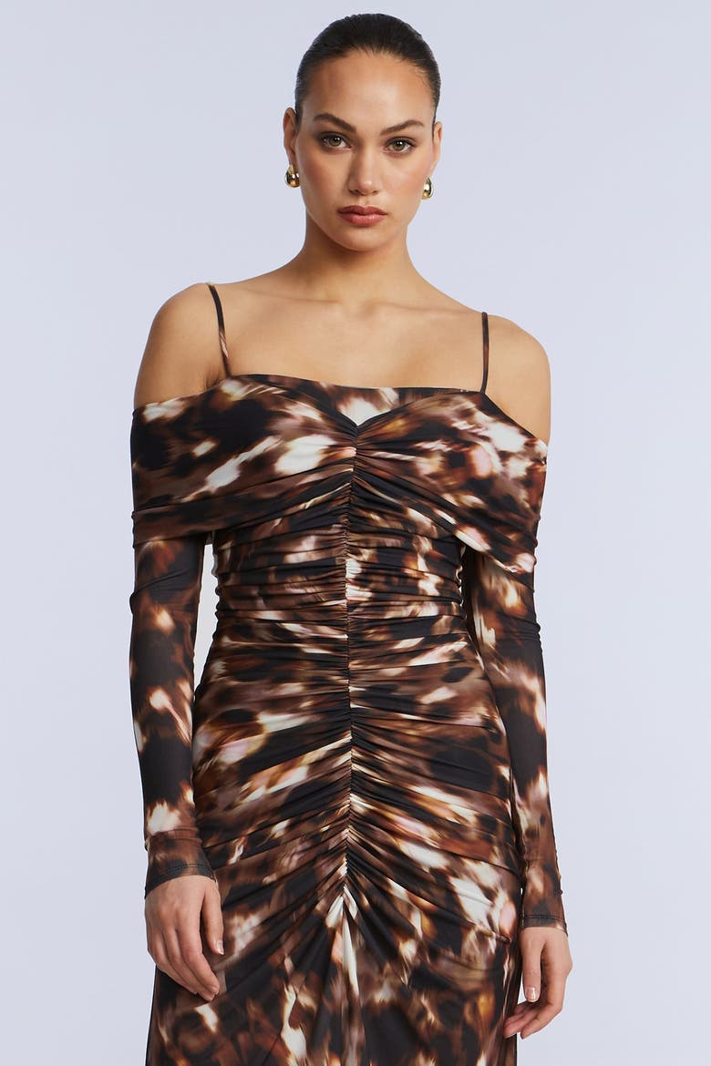 Jersey Off Shoulder Dress, Alternate, color, Leopard Desert Palm Print