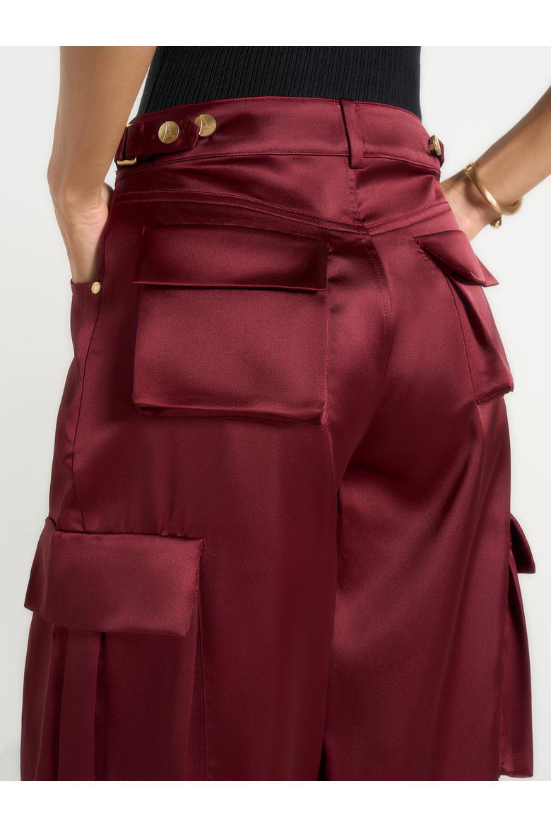 Emilie High Rise Satin Cargo Trousers, Alternate, color, Wine Red