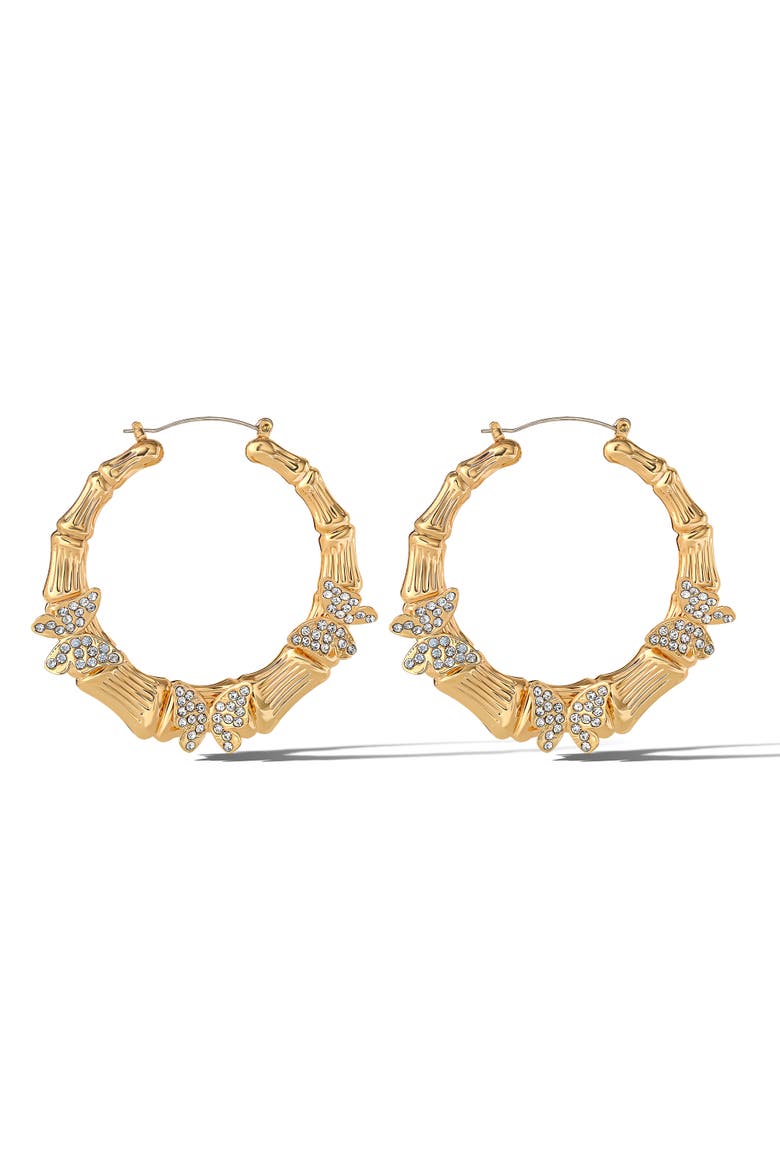Butterfly on Hoops Earrings, Alternate, color, Gold