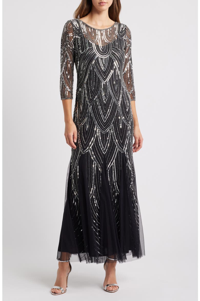 Beaded Illusion Neck Gown, Main, color, BLACK/ SILVER