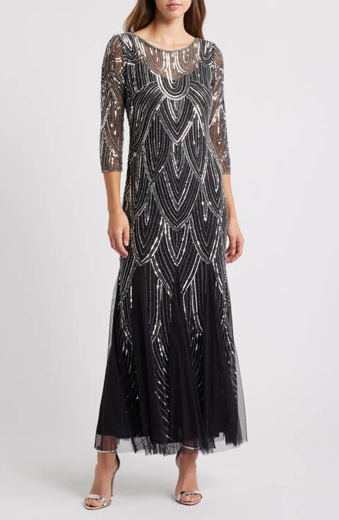 Beaded Illusion Neck Gown