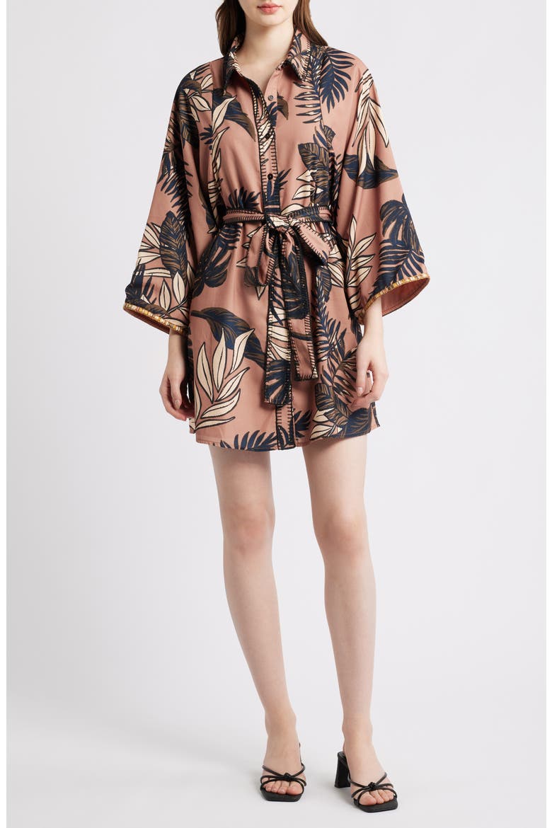 Gaia Leaf Print Mini Shirtdress, Main, color, TAUPE
