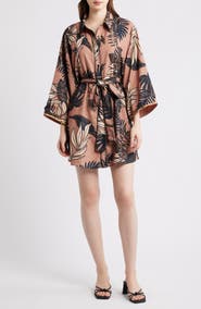 CIEBON Gaia Leaf Print Mini Shirtdress