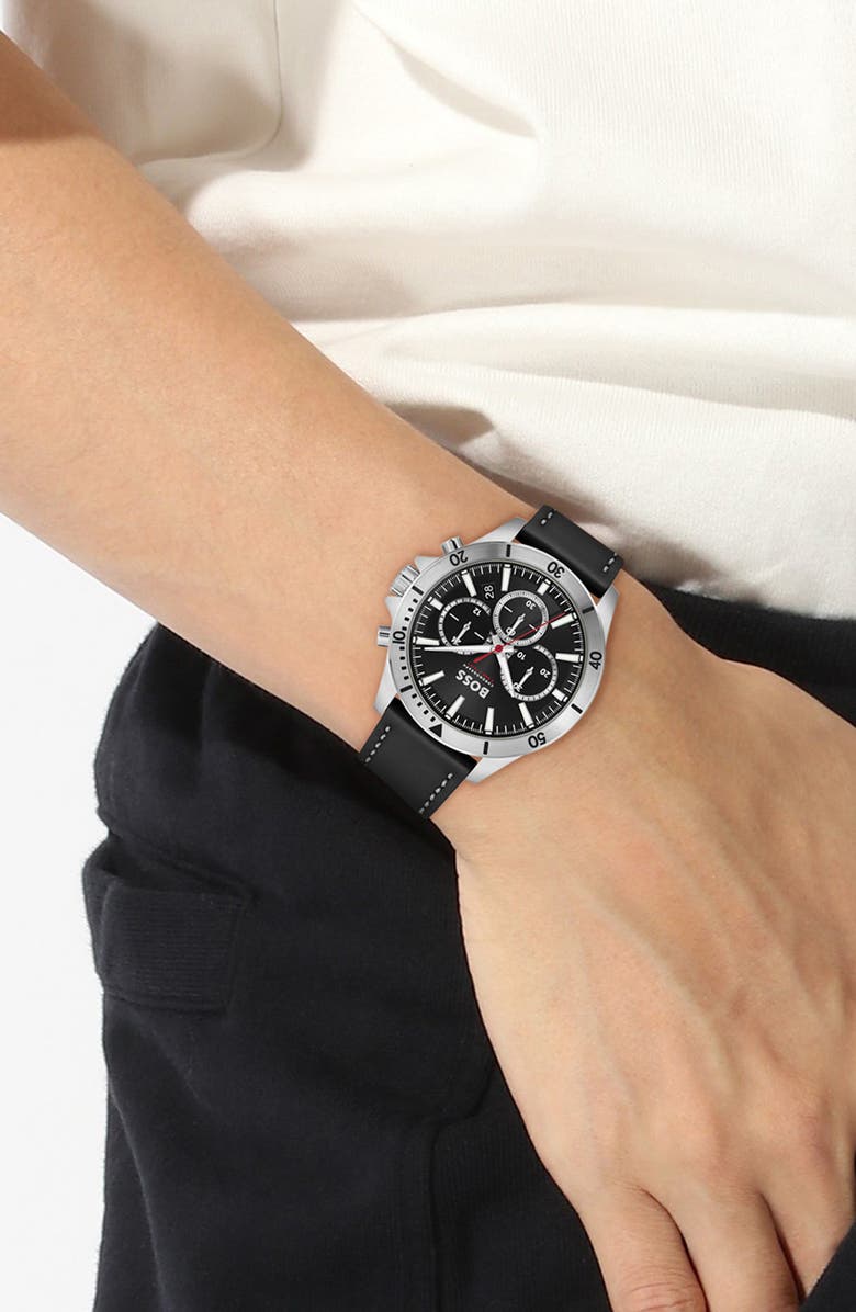 BOSS Troper Chronograph Leather Strap Watch, 45mm, Alternate, color, Black