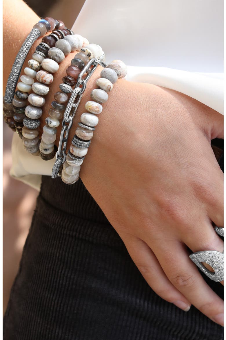 Cream Agate 10MM Bead Bracelet With Diamond Donut, Alternate, color, Sterling Silver / Cream Agate