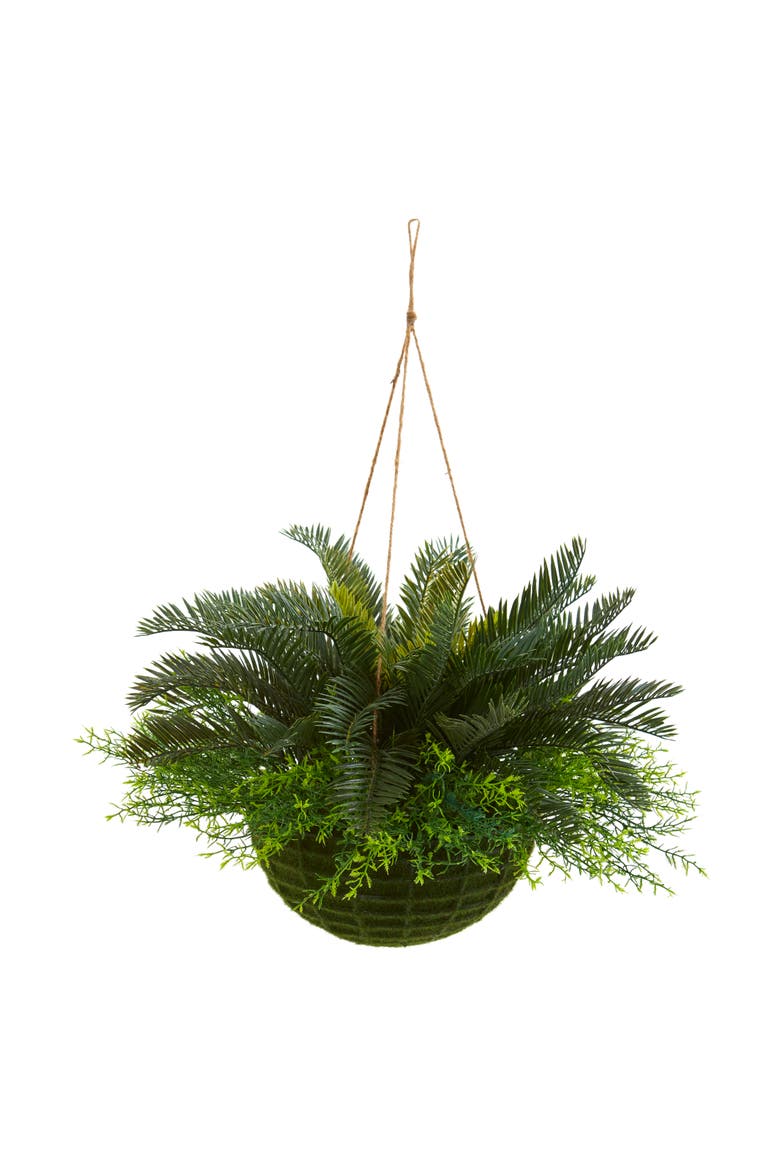 Cycas Artificial Plant in Mossy Hanging Basket, Main, color, Green