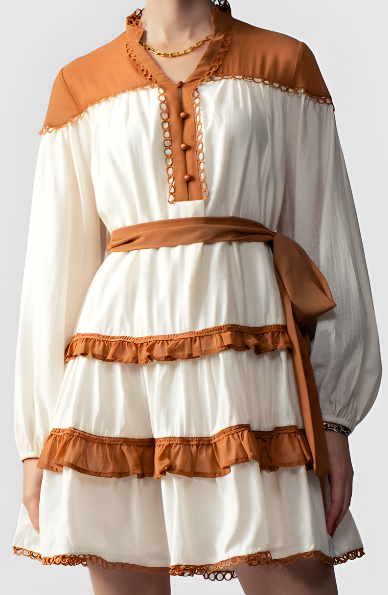 Modenaire Contrast Trim Mini Dress with Waist Tie and Tiered Skirt, Alternate, color, White / Brown