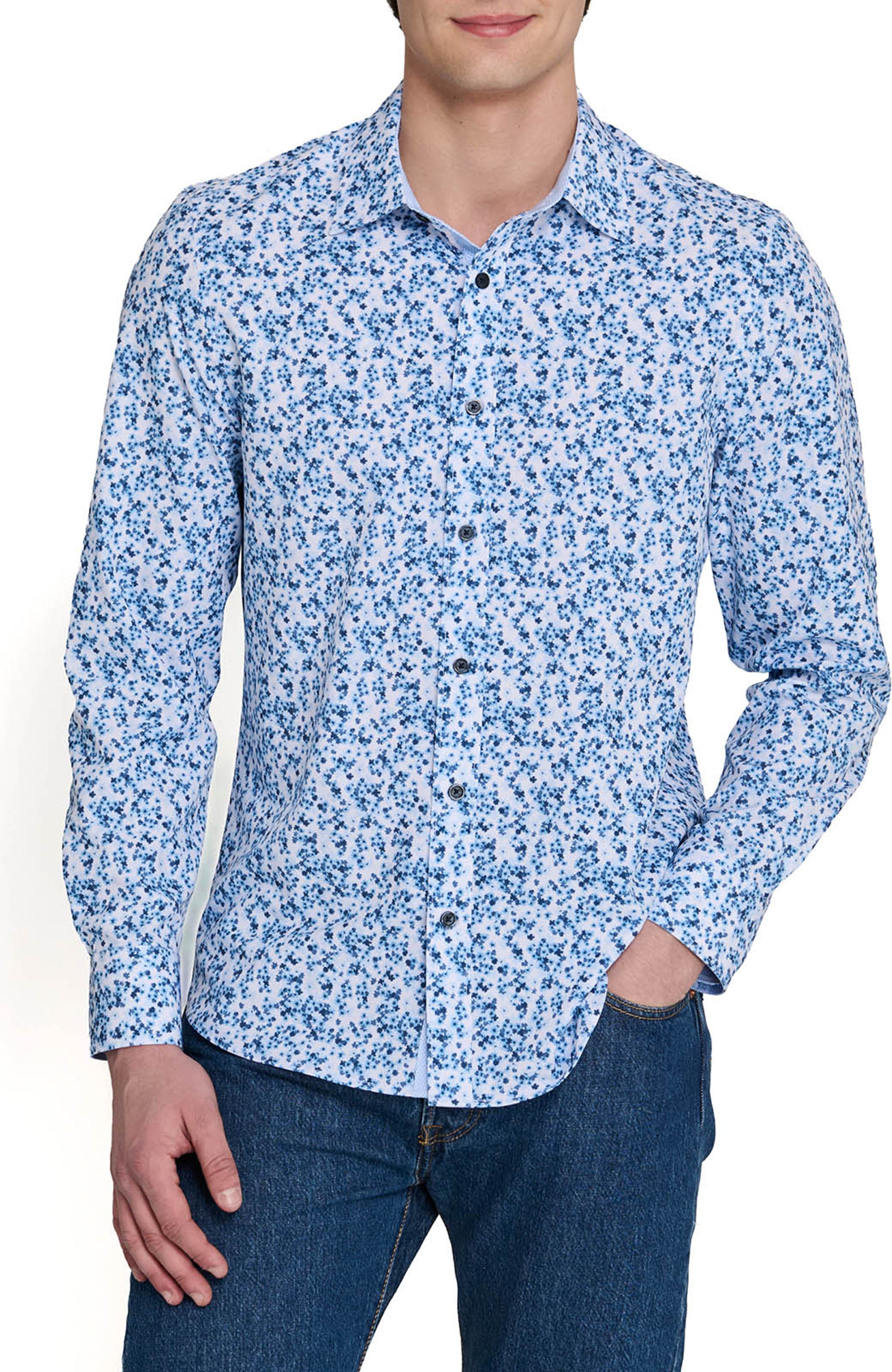 Construct Slim Fit Floral Cluster Performance Long Sleeve Shirt In Blue