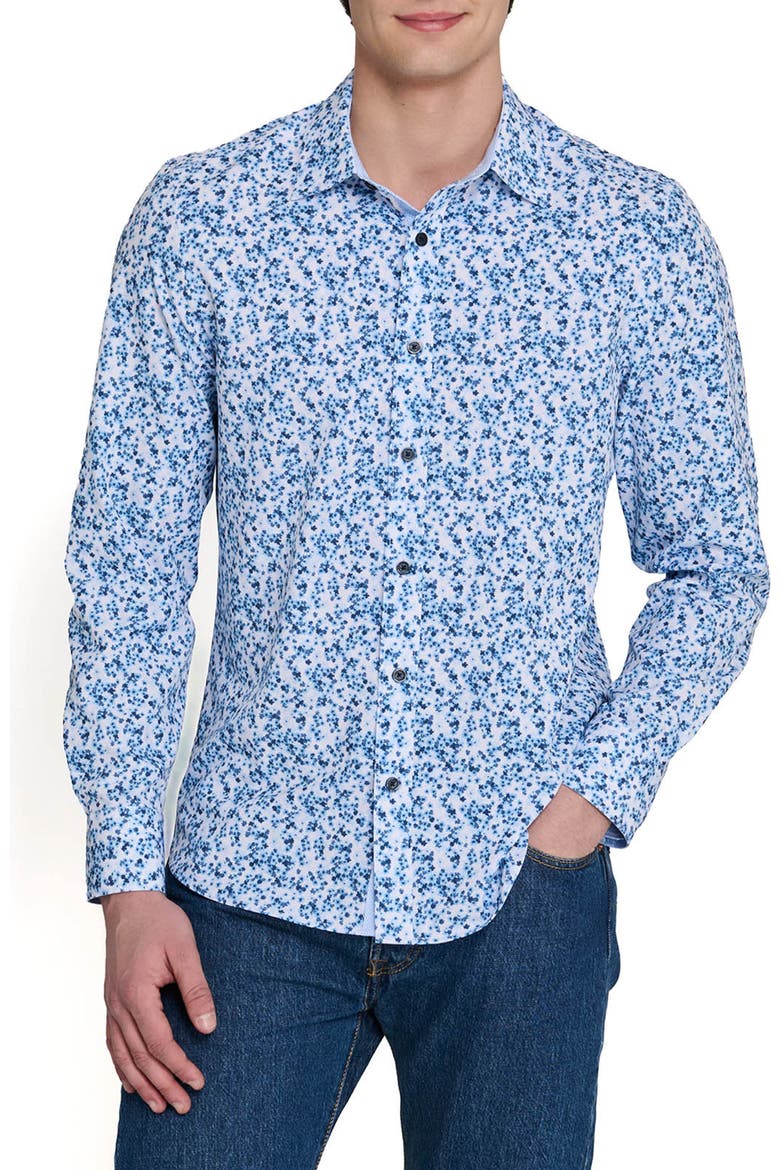 Slim Fit Floral Cluster Performance Long Sleeve Shirt, Main, color, WHITE/BLUE