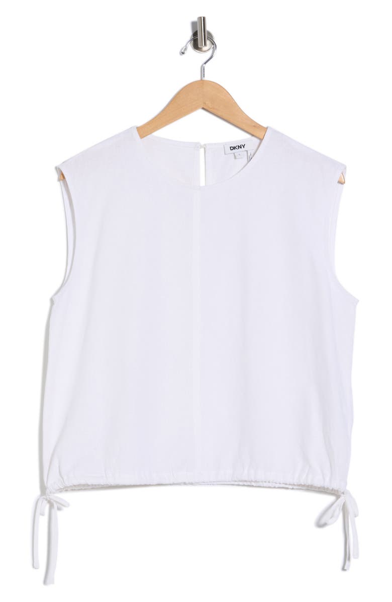 DKNY Sleeveless Drawstring Hem Linen Blend Top, Main, color, White