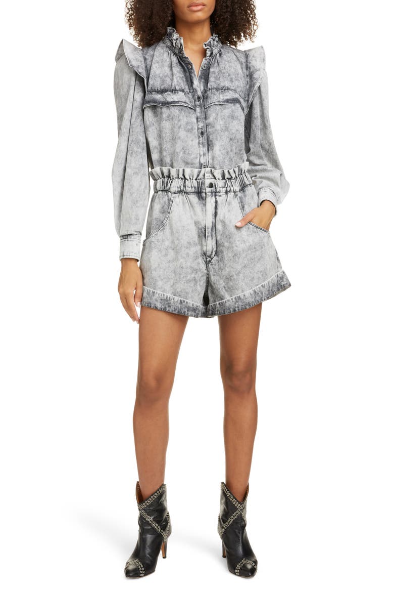 Idety Ruffle Trim Stonewashed Shirt, Alternate, color, FADED BLACK