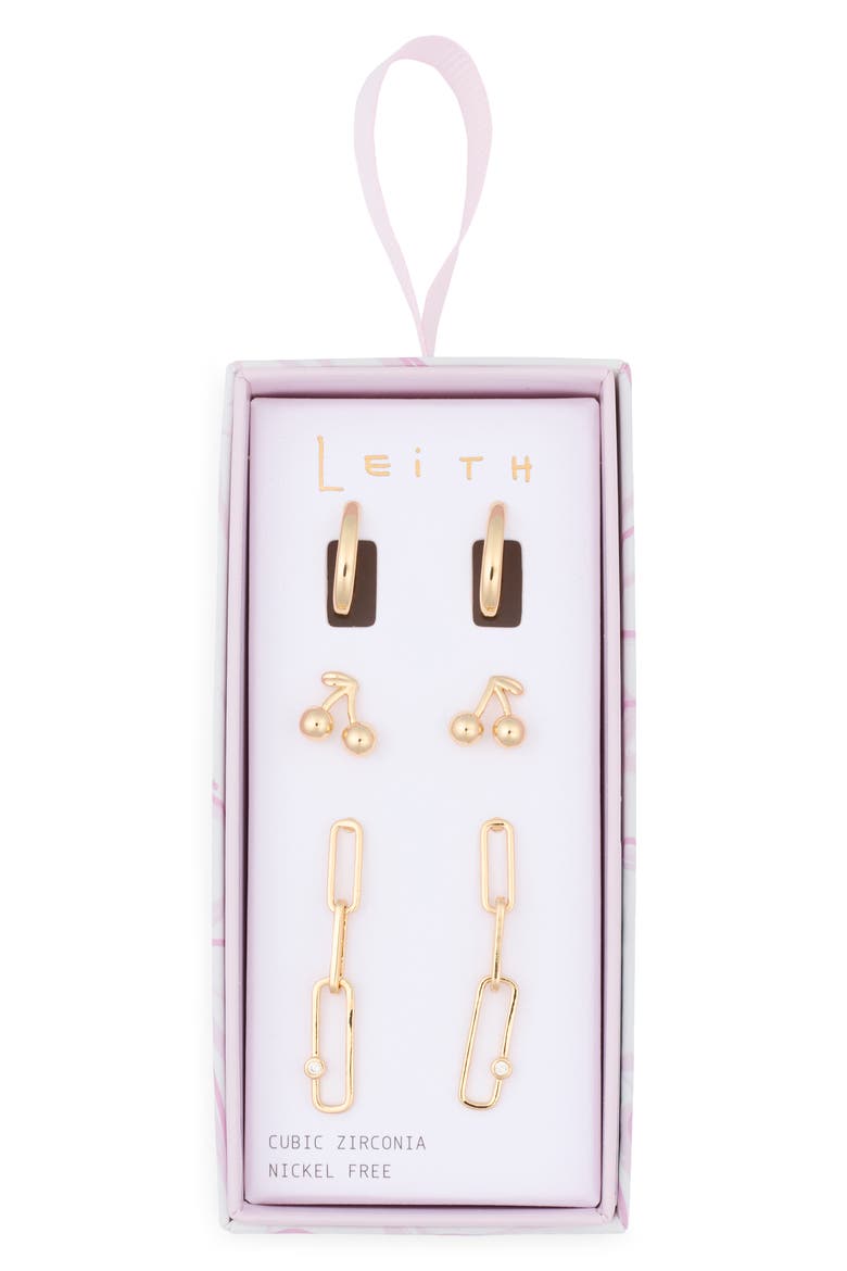3-Pack Cherry Assorted Earrings, Main, color, GOLD