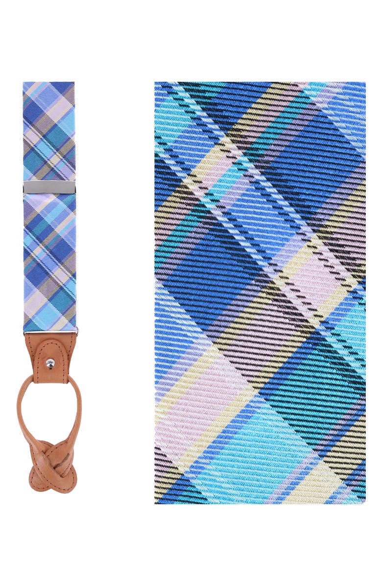 Trafalgar Sherwood Plaid Silk Suspenders, Main, color, Blue Plaid
