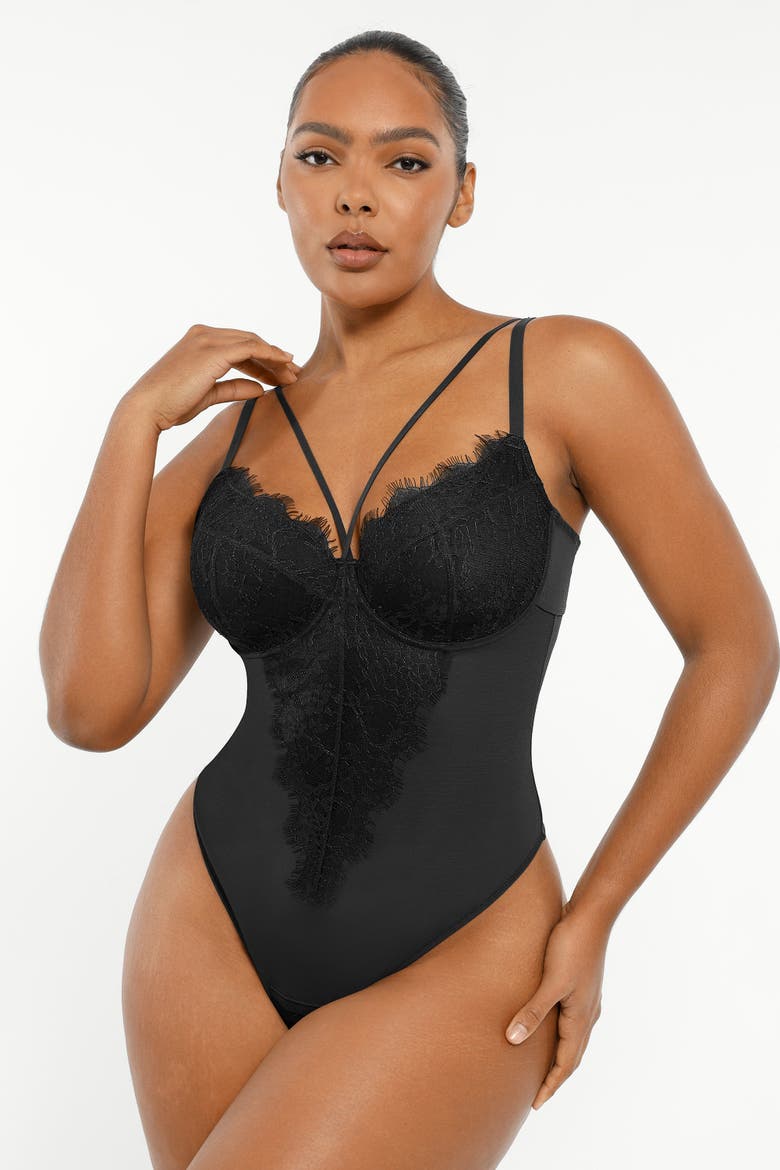Sheer Lace Mesh Bodysuit with Shaping, Alternate, color, Matte Black