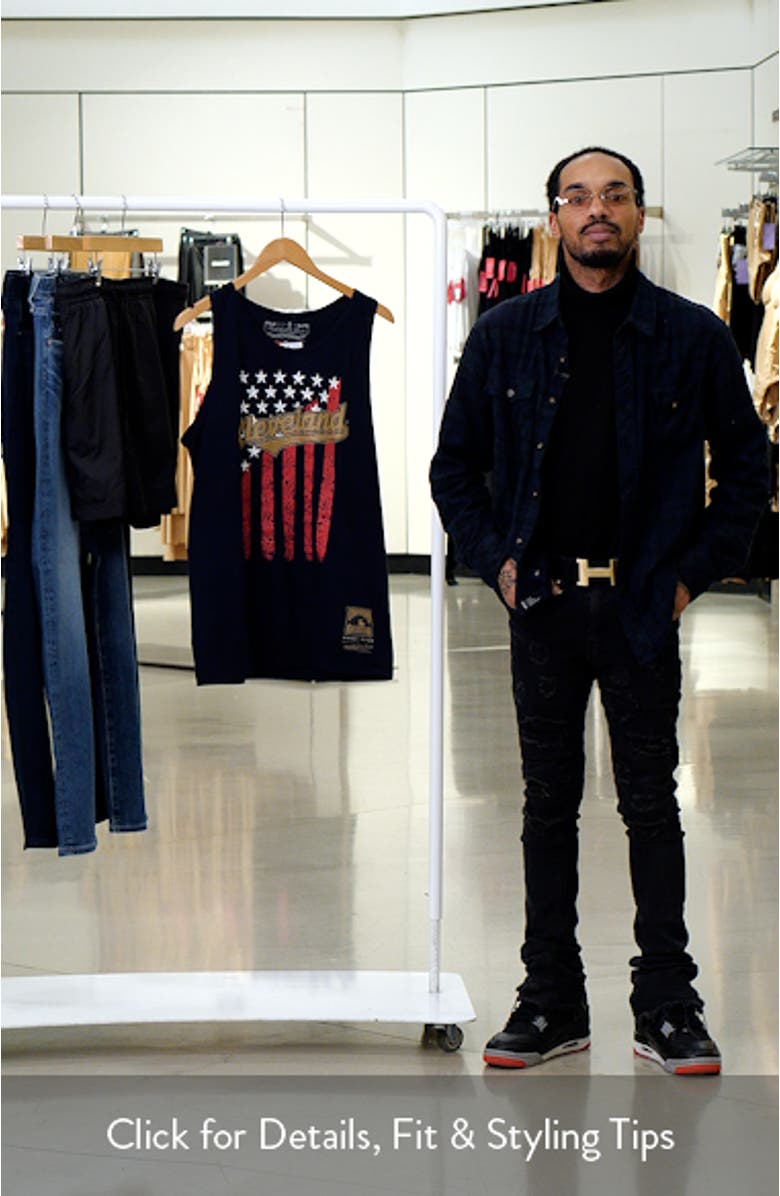 Men's Mitchell & Ness Navy Cleveland Guardians Cooperstown Collection Stars and Stripes Tank Top, sales video thumbnail