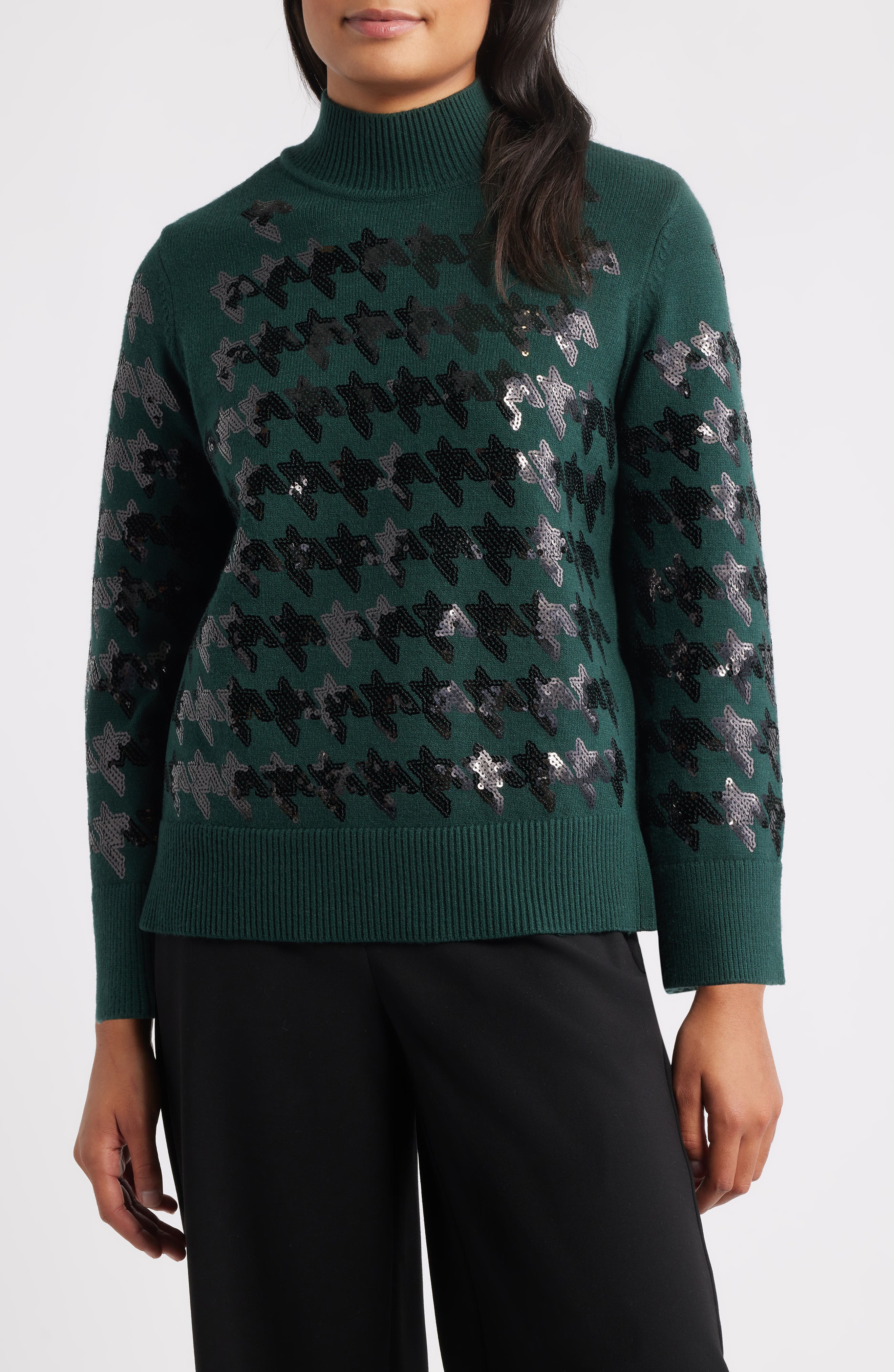Sequin Houndstooth Mock Neck Sweater
