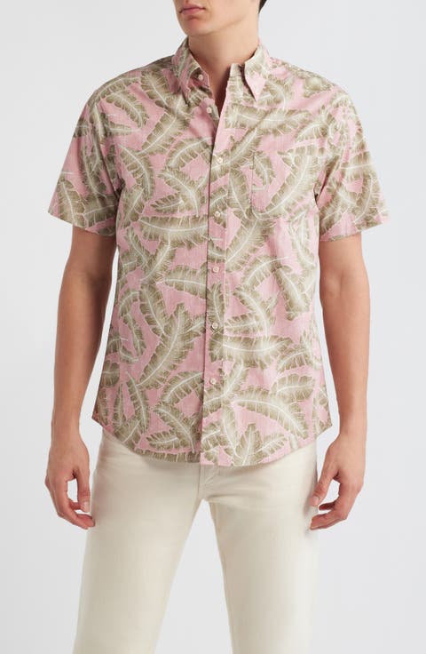 Palm Leaf Print Short Sleeve Cotton Button-Down Shirt