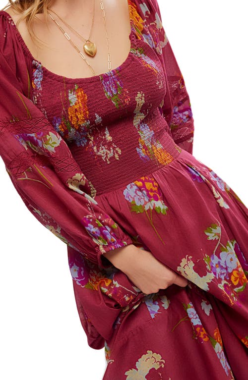 Free People Morning Glory Floral Smocked Long Sleeve Maxi Dress In Earth Red Combo