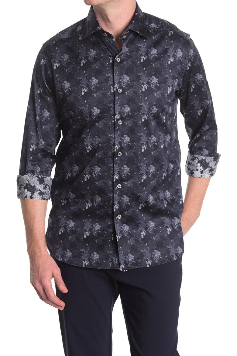 Tailored Fit Abstract Button-Up Shirt, Alternate, color, BLACK