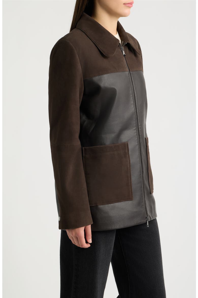 Mixed Media Leather & Suede Shirt Jacket, Alternate, color, DARK BROWN