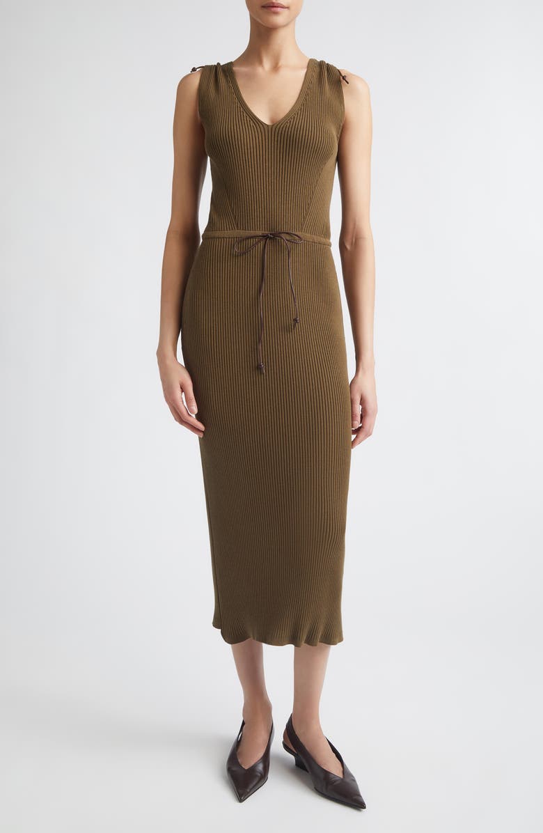 Max Mara Drawstring Cotton Blend Rib Sweater Dress, Main, color, Mud