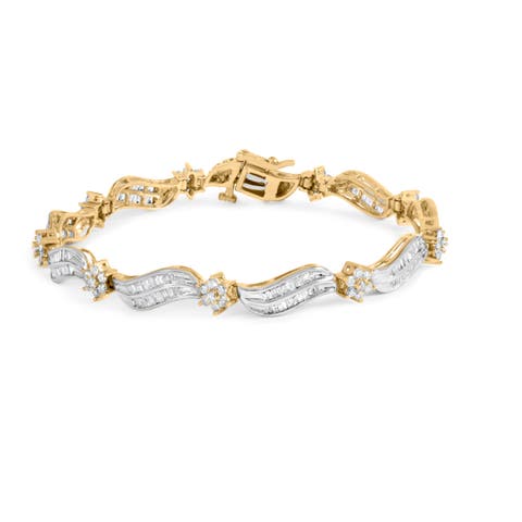 10K Yellow and White Gold 3.00 Cttw Diamond Cluster and Wave Link Bracelet