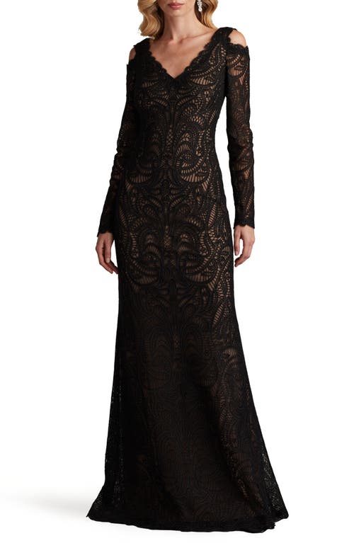 Tadashi Shoji Cold Shoulder Long Sleeve Velvet Lace Gown in Black/Beige 