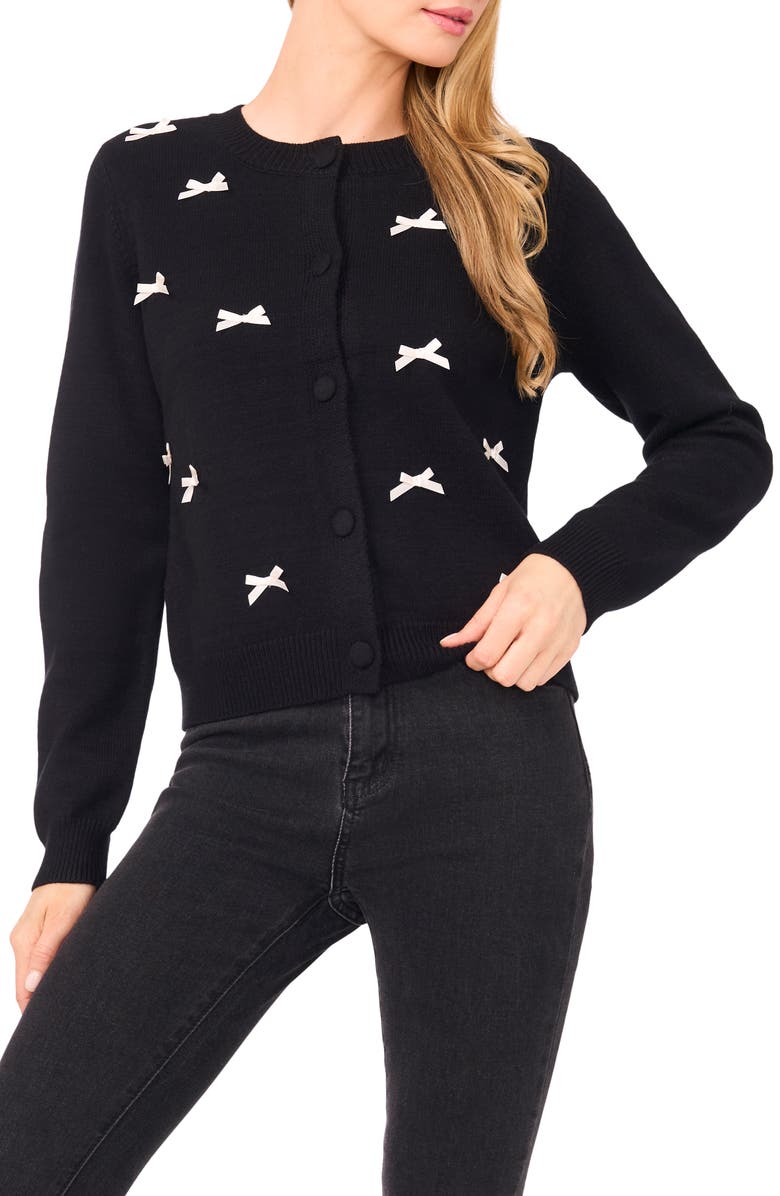 CeCe Bow Detail Crewneck Cardigan, Main, color, Rich Black