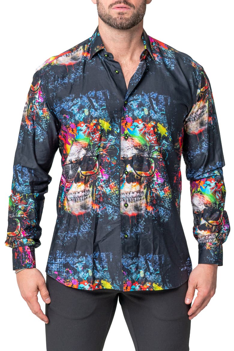 Fibonacci Skull Regular Fit Cotton Blend Button-Up Shirt, Main, color, BLUE