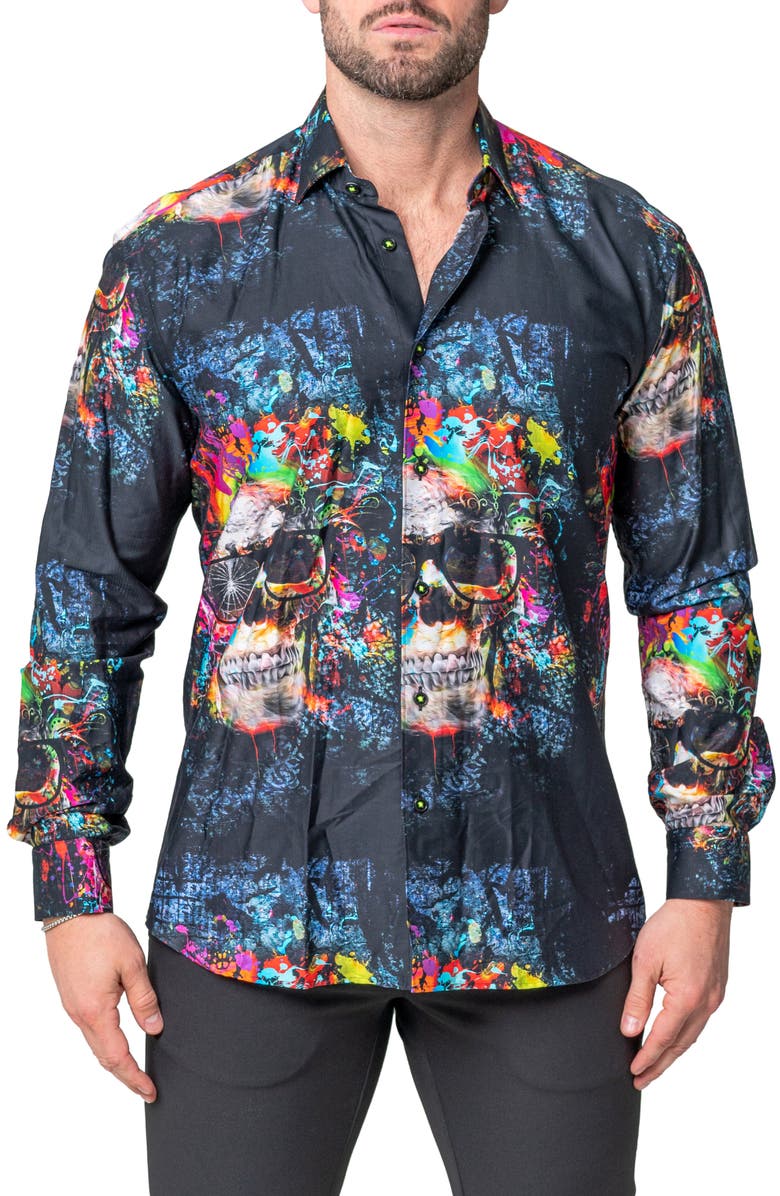 Maceoo Fibonacci Skull Regular Fit Cotton Blend Button-Up Shirt, Main, color, Blue