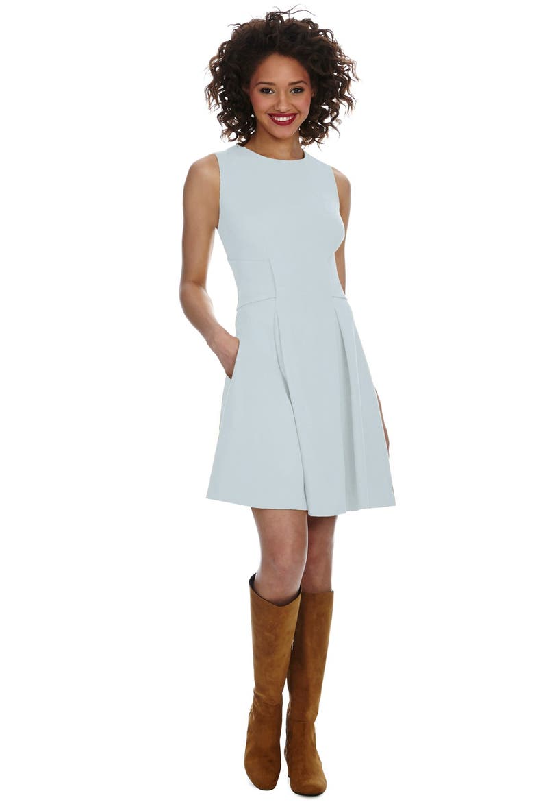 Pleat Ponte Knit Fit & Flare Dress, Main, color, BABY BLUE