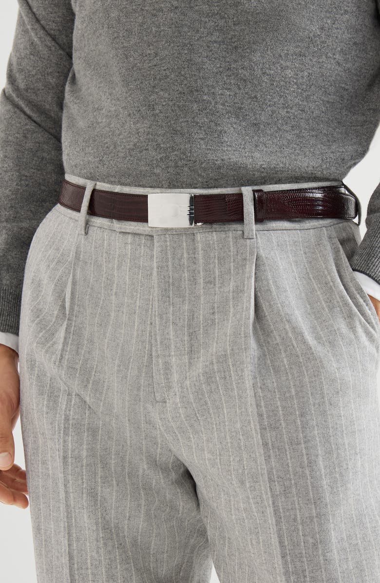 Brunello Cucinelli Lizard belt with silver-plated bronze buckle, Alternate, color, Burgundy