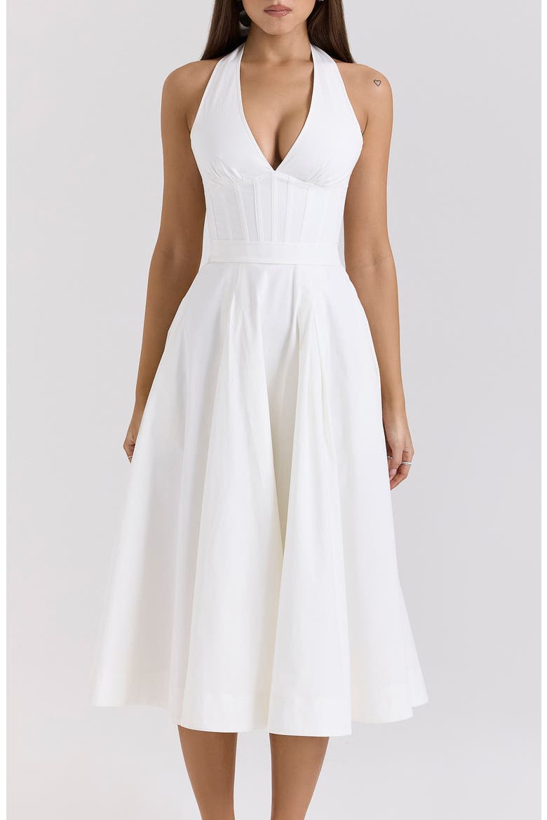 Allena Halter Stretch Cotton Midi Dress, Alternate, color, WHITE