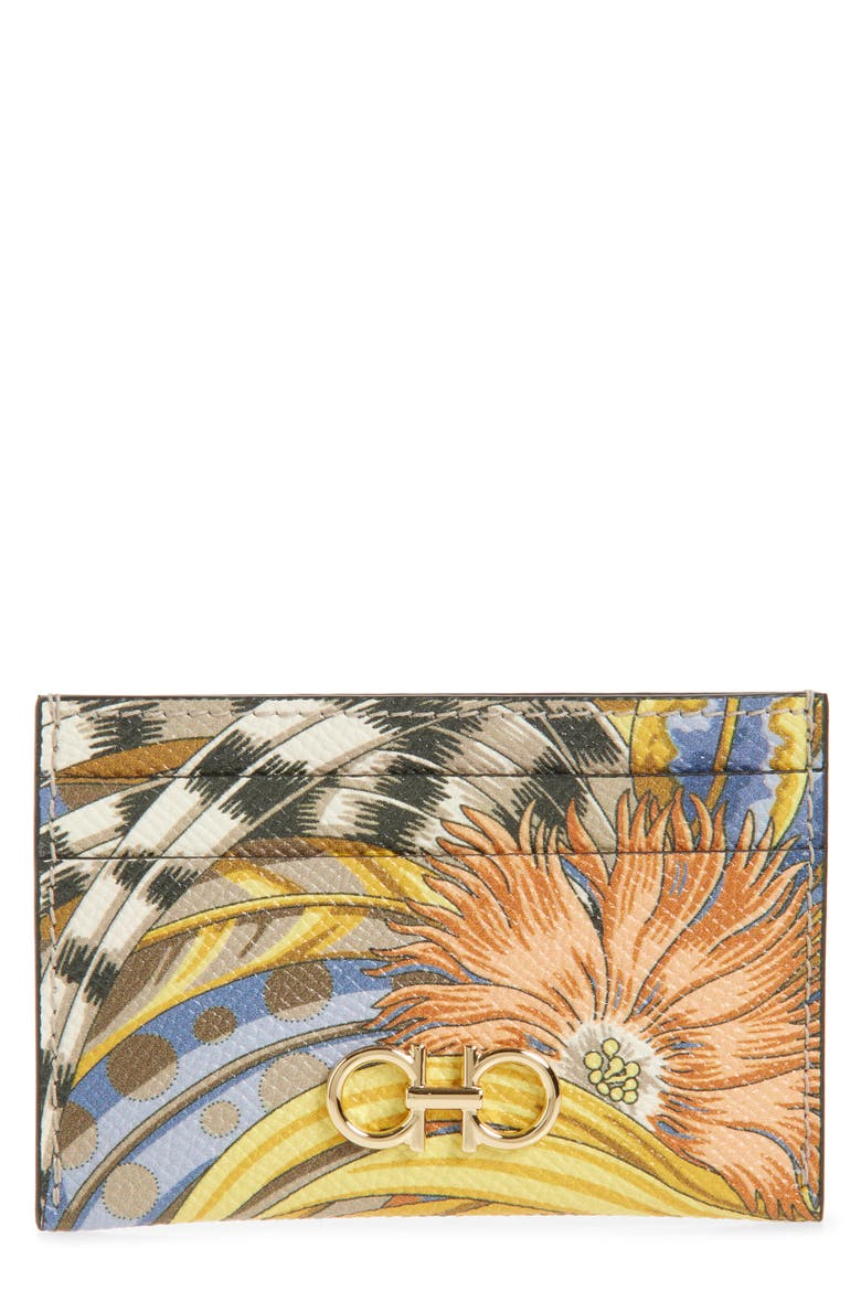 Gancini Leather Card Case, Main, color, WHITE STAMPA GALLO NERO