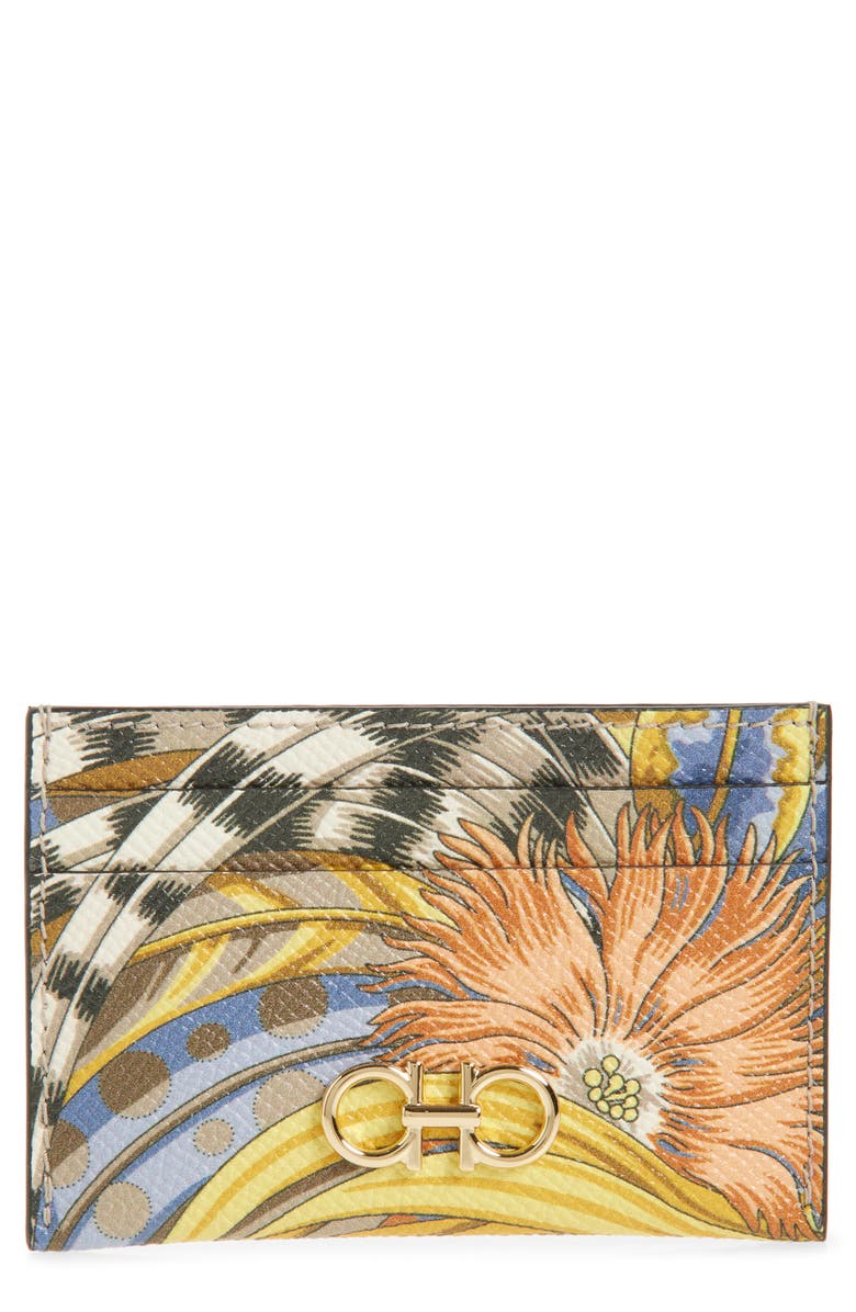 FERRAGAMO Gancini Leather Card Case, Main, color, White Stampa Gallo Nero