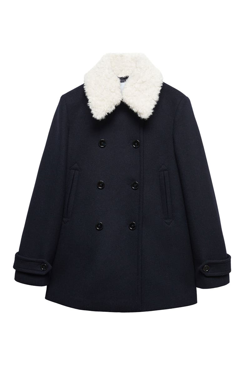 Faux Fur Collar Double Breasted Coat, Alternate, color, DARK NAVY