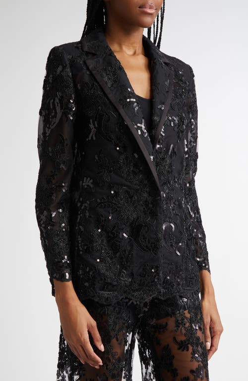 Alice And Olivia Judith Embellished Sheer Lace Notch Collar Blazer In Black