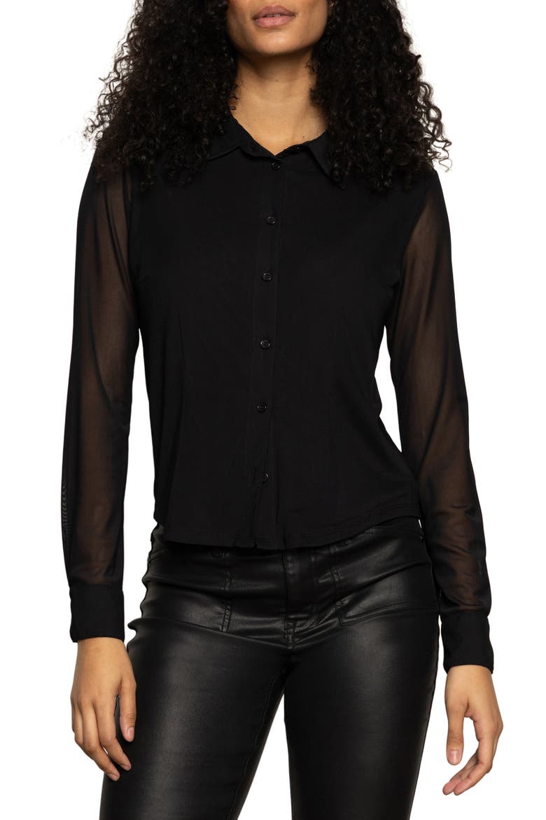 Mesh Button-Up Shirt, Main, color, BLACK