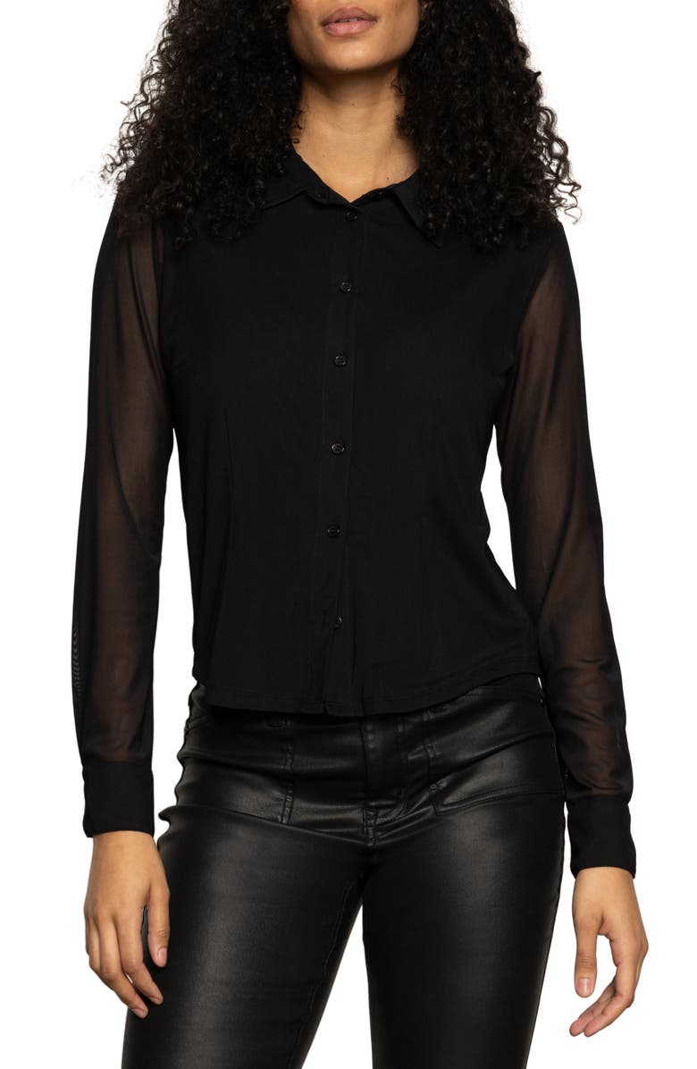 Sanctuary Mesh Button-Up Shirt, Main, color, Black