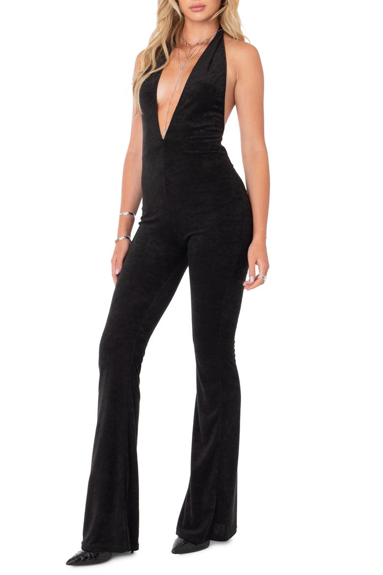 Terri Halter Wide Leg Velvet Jumpsuit, Main, color, BLACK