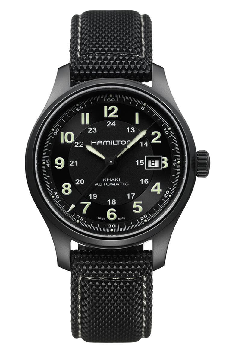 Khaki Field Automatic Silicone Strap Watch, 42mm, Main, color, BLACK