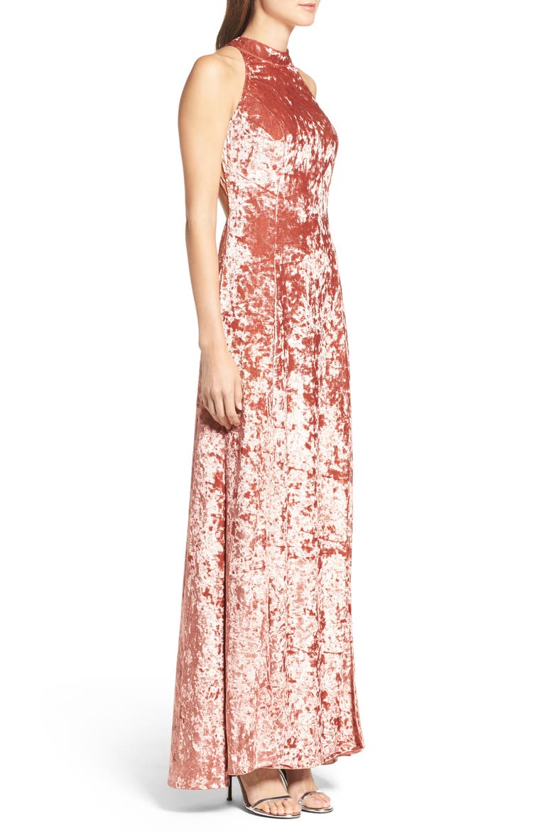 Strappy Back Crushed Velvet Gown, Alternate, color, ROSE GOLD