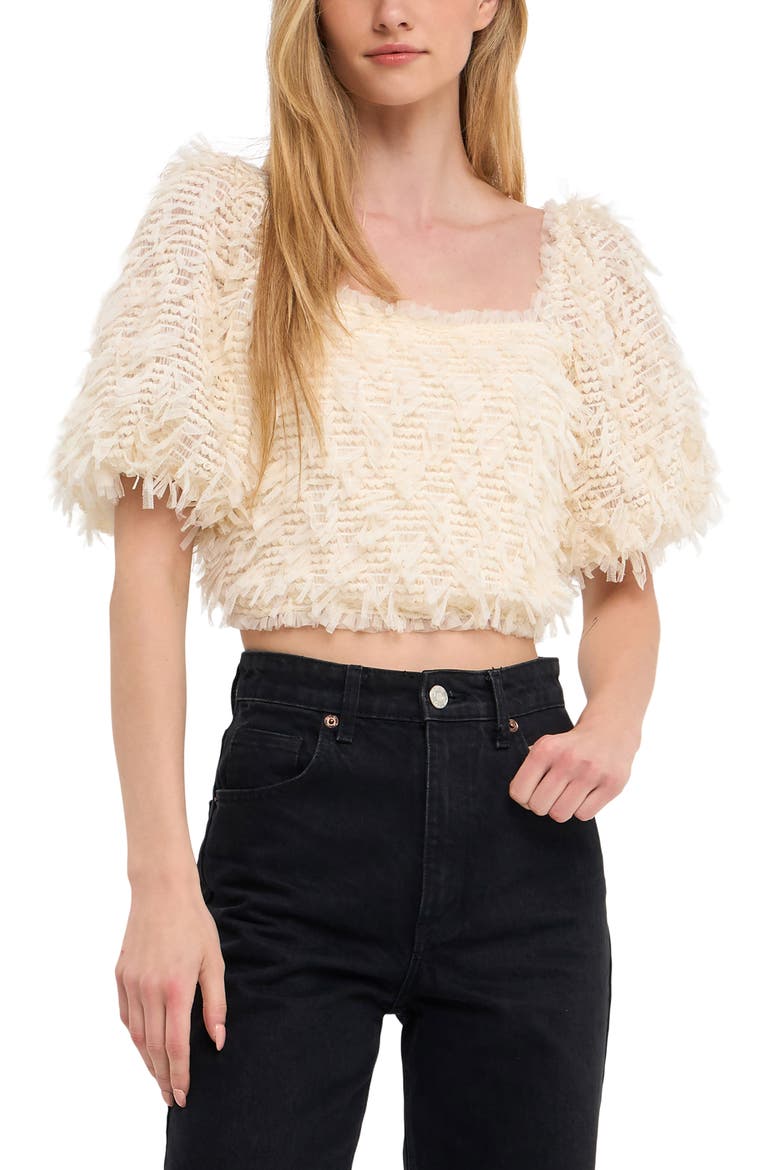 Puff Sleeve Mesh Crop Top, Alternate, color, CREAM