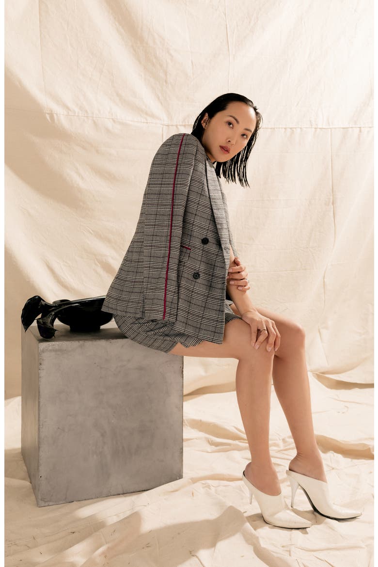 Chriselle Lim Bianca Piped Houndstooth Blazer (Nordstrom Exclusive), Alternate, color, GREY PLAID