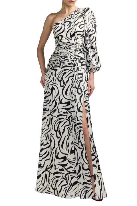 Printed One Sleeve Charmeuse Gown With Slit