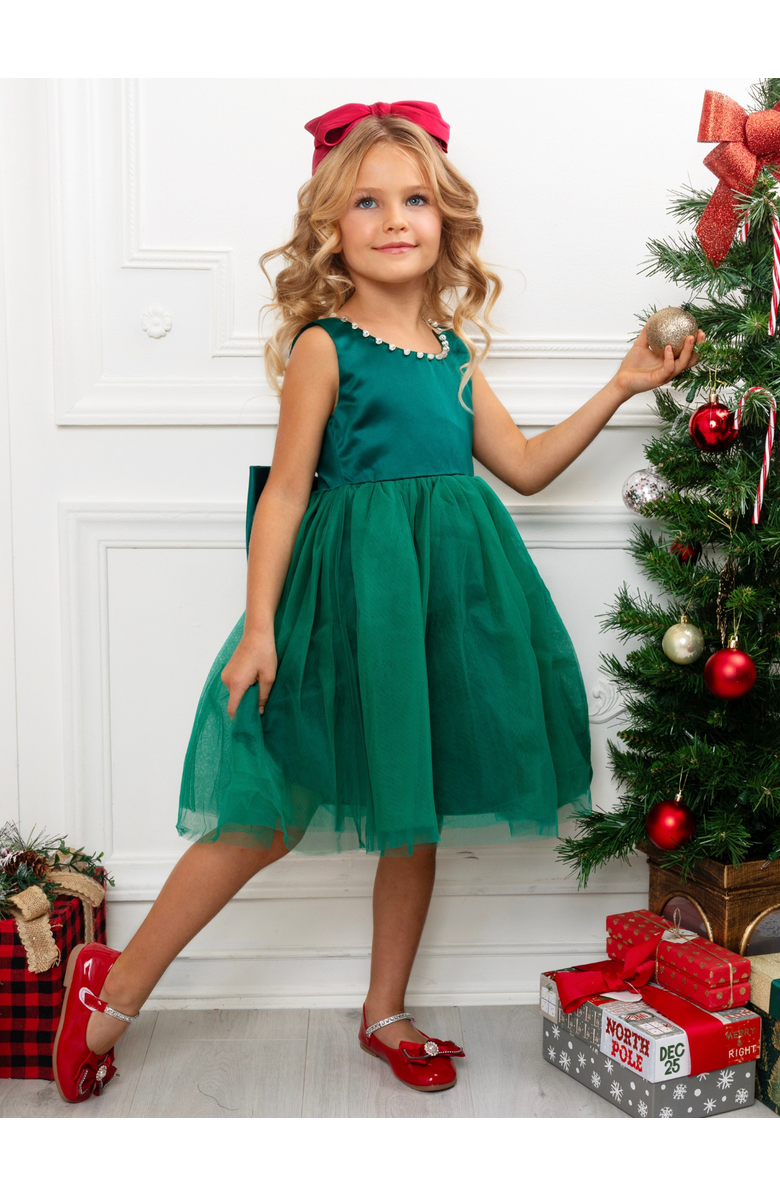 Mia Belle Girls Perfect Bow Satin Christmas Dress, Alternate, color, Green