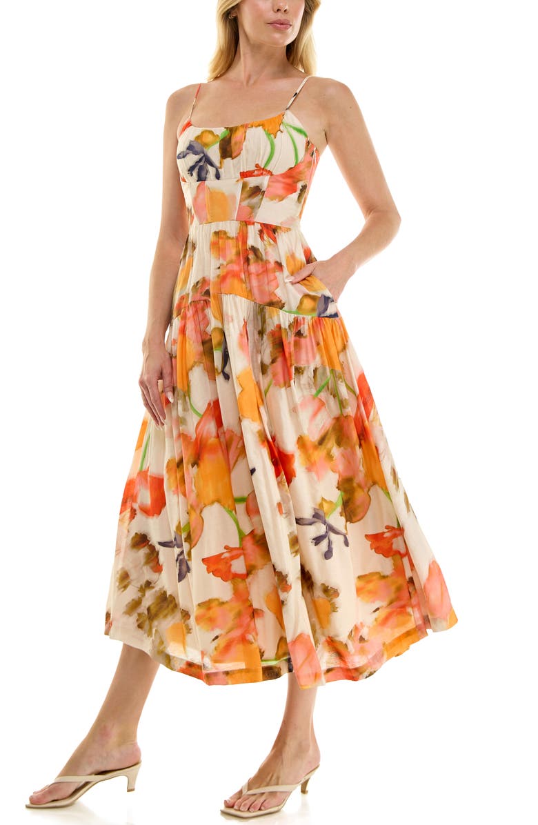 Socialite Floral Ruched Bodice Midi Dress, Alternate, color, Cream/ Orange