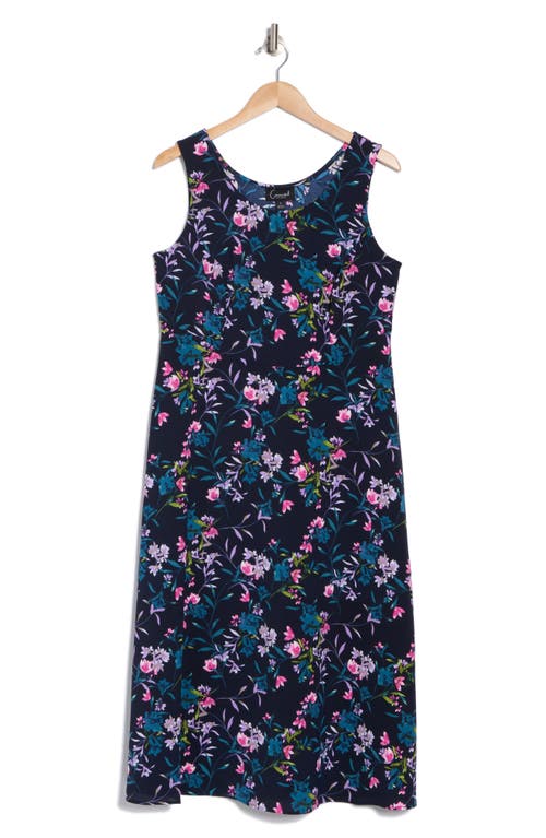 Connected Apparel Floral Sleeveless Lace-up Back Midi Dress In Navy/fuchsia
