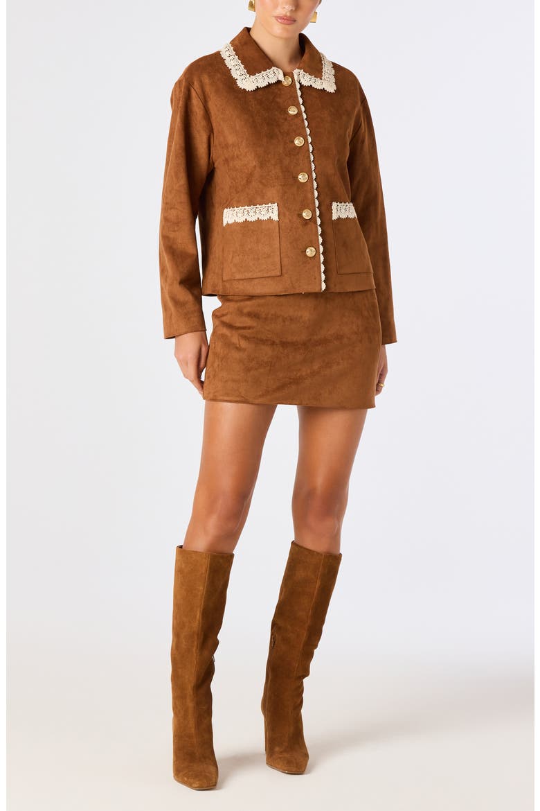 Gavriella Lace Trim Faux Suede Jacket, Alternate, color, CAMEL