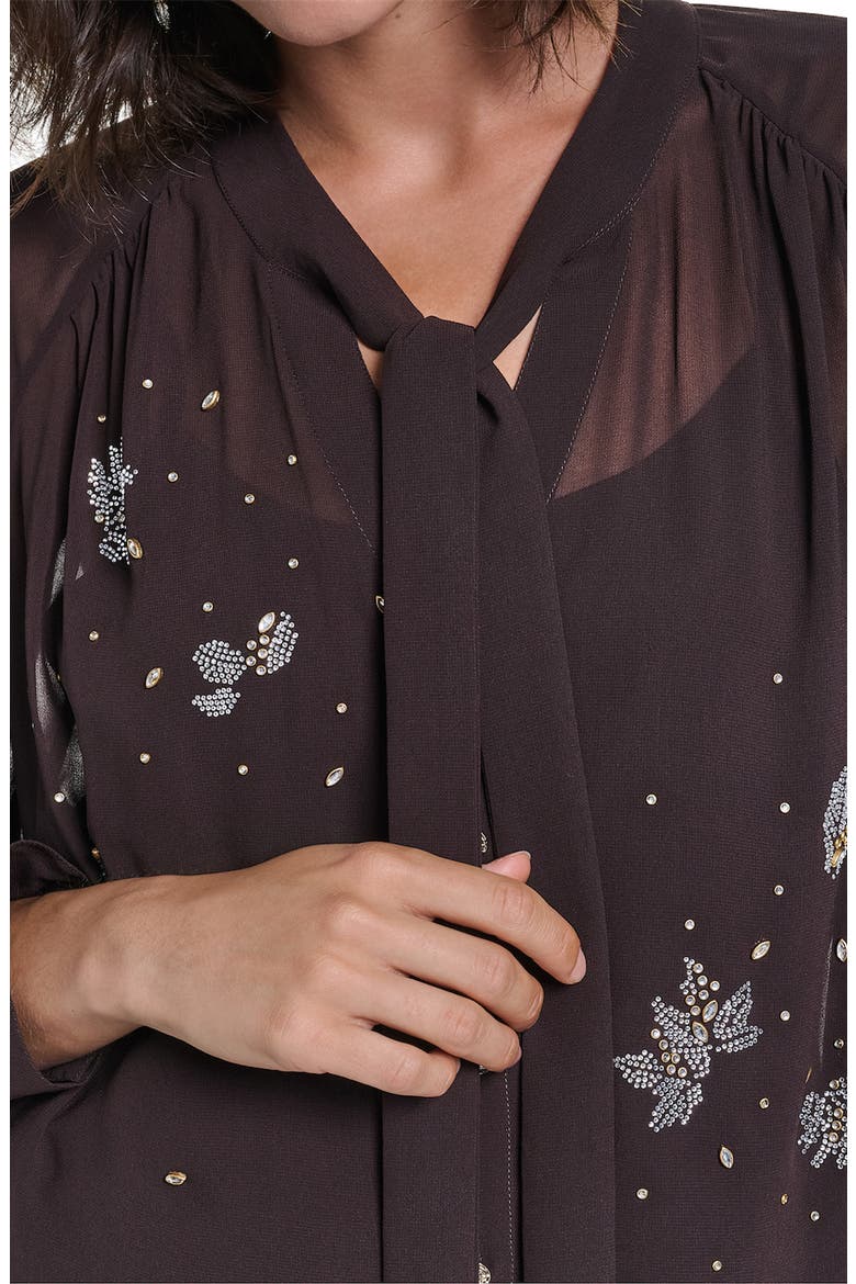 Beaded Chiffon Top with Tie Neck, Alternate, color, CHOCOLATE